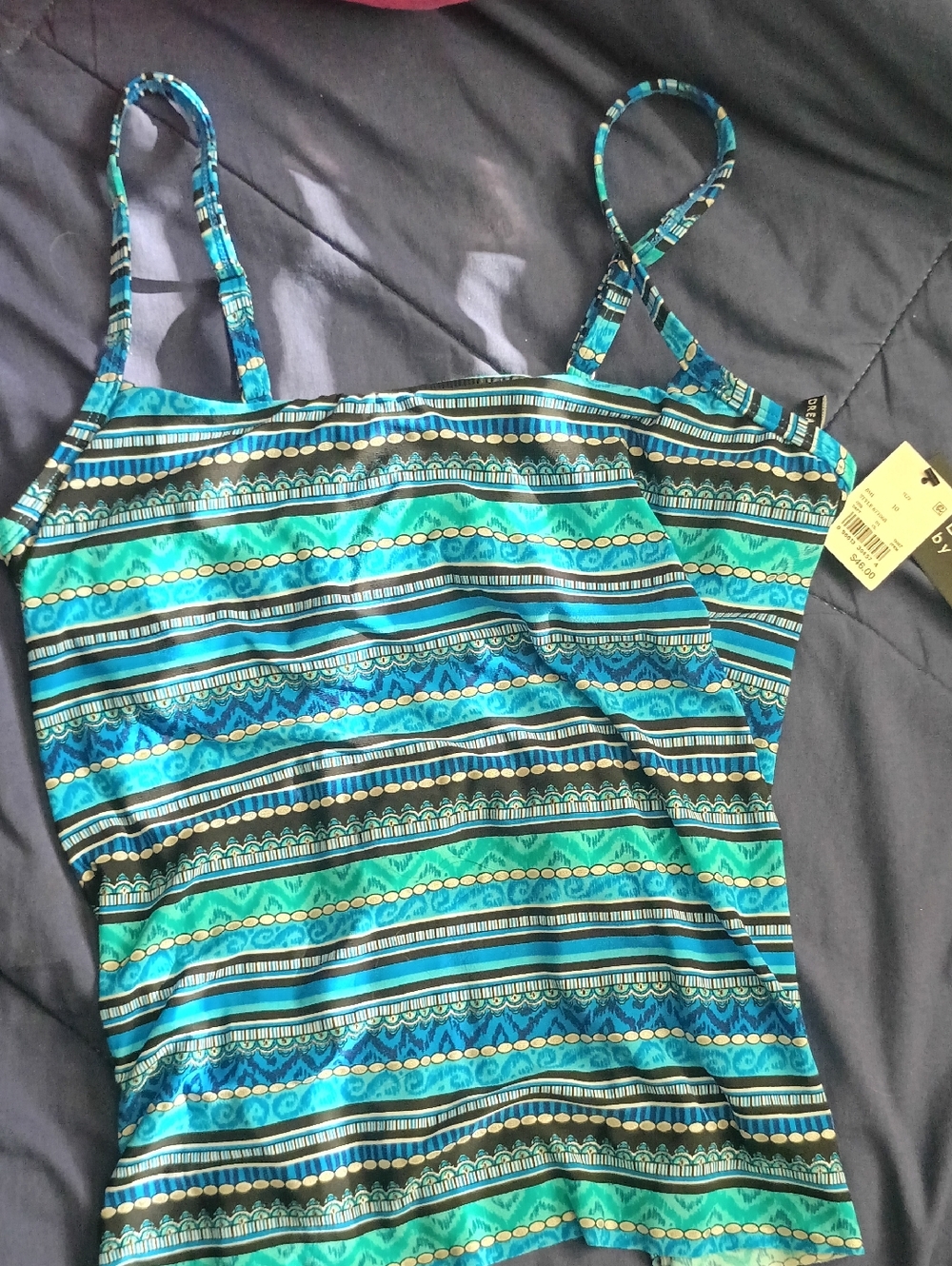Striped Teal & Blue Women’s Swim Tank Top with Adjustable Straps